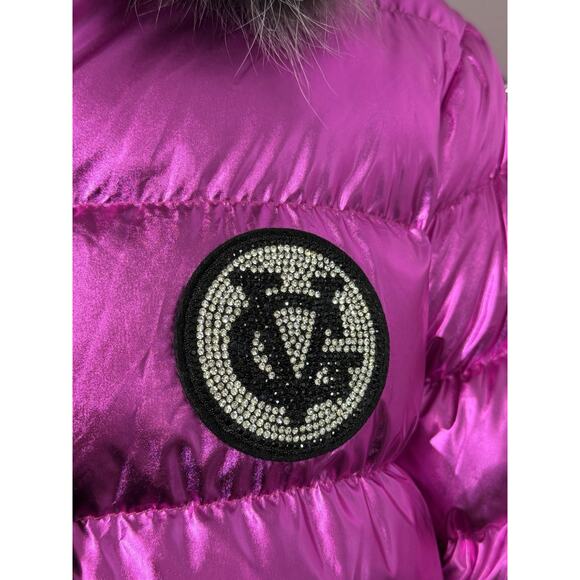NEW Avenue George V Paris Puffer Jacket Hooded Fur Rhinestone Pink LARGE $650 - Picture 6 of 9